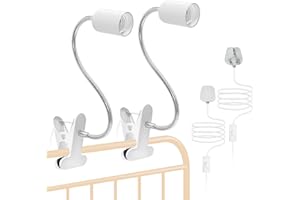 CRZPCHAS E27 Lamp Holder 2Pcs Flexible Clip Desk Lamp Metal Clip Light, White Clamp Light with 360° Rotatable Gooseneck and 220cm Cable Switch for Bedroom, 60 W Max