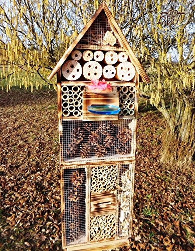 XXL INSEKTENHOTEL MIT STÄNDER UND TRÄNKE SDV-HOST-MS und FUTTERPLATZ, Futterstelle, geflammt gebrannt schwarz natur Gartendeko Nisthotel Hoch Gartendeko als Ergänzung zum Meisen Nisthotel Hoch Meisenkasten oder zum Vogelhaus Vogelfutterhaus Futterstation für Vögel Insektenhäuschen – XXL INSEKTENHOTELs - 4