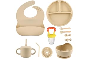 SHGMEET Ensemble d'alimentation en silicone pour bébé, essentiels pour l'alimentation de bébé, bol à ventouse, assiettes, bavoirs, cuillères, fournitures de sevrage LED pour développer les compétences