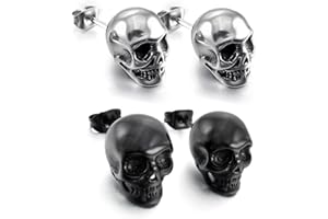 INNOVESS Punk Skull Earrings, Vintage Zinc Alloy Stud Earrings for Men & Women, Gothic Silver Ear Piercing Jewelry for Halloween, Cosplay & Parties