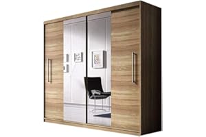 E-MEUBLES MB-moebel Armadio per camera da letto con 2 ante scorrevoli e specchio l cabina armadio armadio (asta) con ripiani (LxAxP): 204x218x58cm Nico+Specchio (Sonoma (Specchio))