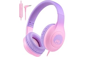 RockPapa C24 Cuffie per Bambini con Cavo, Microfono HD, Leggero, Pieghevole Cavo Cuffie con Jack 3.5mm, On-Ear Stereo Bass Cuffie per Scuola/Viaggi/Telefono, Lilla Rosa Gradiente