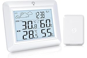 Urageuxy Station Meteo Sans Fil Avec Capteur Exterieur, Thermometre Interieur Exterieur Avec Hygrometre, Prévisions Meteo, Alarmes, Enregistrement MIN/MAX, Portée de 100M, Rétroéclairage