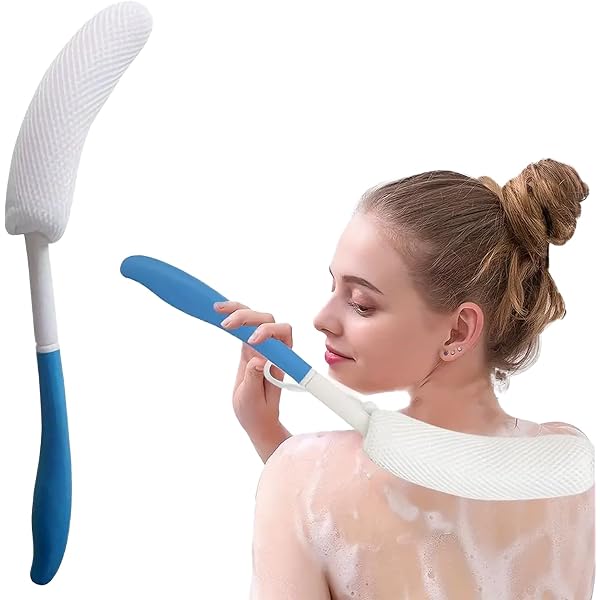 Badebürste Für Den Rücken Mit Langem Griff – 39 Cm, Gebogen, Mit Netzbeutel & Schwamm, Rutschfester Silikongriff