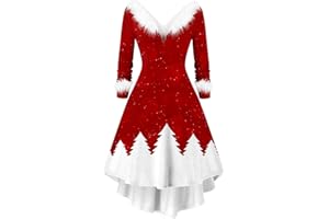 AMHOMELY Women Dresses for Special Occasions Clearance Christmas Dresses Ladies Party Elegant Dress Solid Long Sleeve Xams Furry V-Neck Draw Back Swing Dress UK Size Holiday Clothing