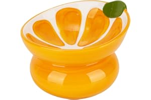 E-YIHESZ Ceramic Raised Cat Bowl, Elevated Cat Food Bowl for Indoor Cats, Anti Vomiting & Protect Pet's Spine, Cute Tilted Cat Dish for Flat Faced Cats and Kitten (Orange Shape)