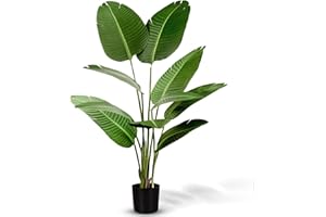 TonJin Artificial Bird of Paradise Palm Tree 5.25FT/160cm Tall Faux Tropical Palm Tree with 11 Leaves of Different Sizes, for Indoor Outdoor Home Office Garden Housewarming Gift with Plastic Planter