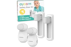 AYCORN® Door Lock Without Drilling Set - 2X Door Lever Lock & 2X Door Stopper - No Drilling, 3m Adhesive, 30 Second Install (No Furniture Damage) - Child Door Handle Lock - White