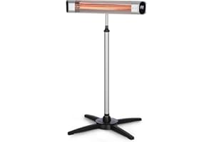 blumfeldt Dark Wave Stand - Chauffage extérieur infrarouge, Radiateur rayonnant sur pied, Chauffage terrasse, 2500W, 9 Niveaux, Tube en Carbone Infrarouge doré, Classe IP65 - Argent