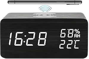 Lancoon Reloj Despertador Digital de Madera con Carga Inalámbrica LED Pantalla Temperatura y Humedad Brillo Ajustable Control de Sonido para Dormitorio Casa Oficina (Negro)