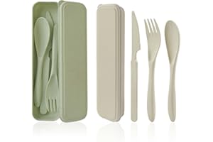 CUAYAES 2 Set Posate da Viaggio con Custodia Portatile, Posate Plastica Riutilizzabili,Coltello, Forchetta, Cucchiaio Set di Posate per Campeggio, Scuola, Pranzo Ufficio (verde+beige)
