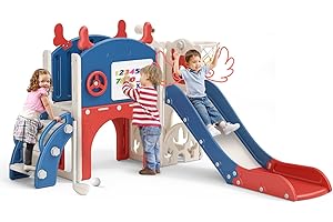 LISCHWERT Toboggan pour enfants 6 en 1, ensemble de toboggan pour tout-petits d'intérieur et d'extérieur avec ensemble de golf, planche à dessin, toboggan et panier de basket-ball, télescope (WPX-11-bleu rouge)