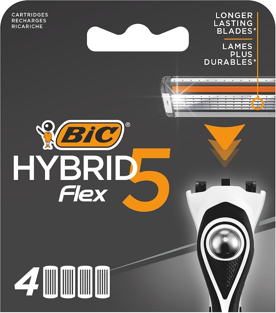 BIC Hybrid 5 Flex 4'lü Yedek Tıraş Bıçağı Kartuşu (5 Bıçak), 5 Nano Teknolojik Titanyum Bıçak, E Vitamini ile Zenginleştirilmiş Geniş Kayganlaştırıcı Bant