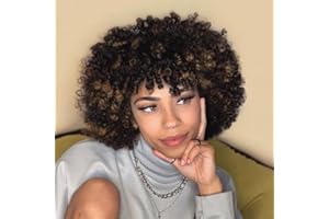 Becus Curly Wig for Black Women 10 Inches Soft Curly Afro Wigs With Bangs Synthetic Short Curly Wigs for Women Daily Use and Cosplay(Black Brown)