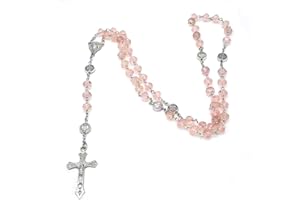 Ryaupy Chapelet de perles de cristal rose clair, collier de croix catholique, médaille du sol sacré et Crucifix