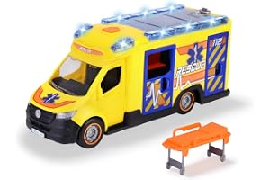 Dickie Toys 203716025 - Mercedes-Benz Ambulans - Mercedes-Benz Ambulans från Dickie Toys med Frihjul, Ljus, Ljud och Öppningsbara Dörrar Inklusive Bår, 35 cm, Från 3 år