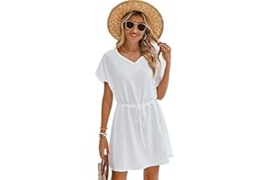 Vossmi Robe de Plage Femme Cache Maillot de Bain V-Cou Cover Up Bikini Maillot Manche Courte col en V Mousseline Casual Robes ete Plage avec Ceinture Décontracté Bikini