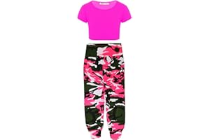 janisramone Kids Girls New Neon Crop Top Army Camo Print Alibaba Harem Leggings 2 Pcs Co-ord Dance Sets