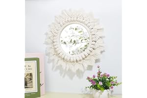 PLIGREAT Kit de espejo de macramé para manualidades, color blanco, estilo boho, macramé, espejo colgante para dormitorio, salón, apartamento, decoración para colgar en la pared, artesanía hecha a mano