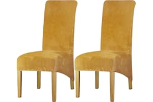 LANSHENG Velvet Dining Chair Covers, Stretch High Back Chair Seat Protector Slipcovers, Washable Removable Kitchen Chair Covers for Dining Room (Mustard, Set of 2)