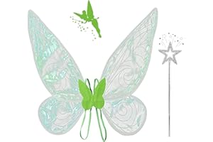 71Nmly Ali di Fata, da Principessa, Farfalla per Bambini e Adulti, Costume Ali d'Angelo, Ali Trasparenti Scintillanti per Compleanni, Feste a Tema Chrismas, Halloween (Verde)
