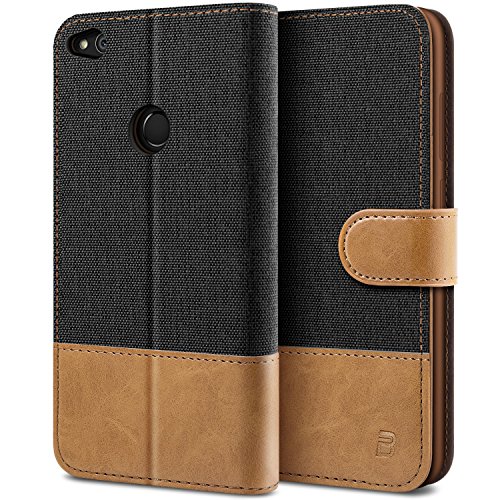 BEZ Cover Huawei P8 Lite 2017, Custodia Portafoglio Huawei P8 Lite 2017 Protettiva in Tela e PU Pelle Libro Flip Case con Porta Carte Funzione Appoggio, Chiusura Magnetica, Nero