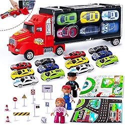 Rolytoy VraiJouet Coche Juguete Niños Camión Transportador Portátil con 12 Coches y 3 Muñecas 2 Mapas 9 Señal de tráfico para 3 años Buen Regalo a niños