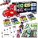 Produktbild Auto Spielzeug Kinder LKW Truck Tragbarer mit 12 Autos und 3 Puppen 2 Karten 9 Verkehrsschild für 3 4 5Jahre Gutes Geschenk