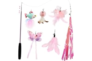 SONGWAY Cat Feather Wand Stick Toy - 7 Pcs Cat Feather Toys, 1 Retractable Teaser Wand with 6 Tassel Dragonfly Cat Toy Refills, Interactive Cat Toys for Indoor Cats Kittens, Pink