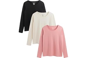THE ESSENTIALS WARDROBE Ladies Long Sleeve T-Shirts 3 Pack Multicoloured Breathable Shirts for Womens Comfortable Soft Hand Feel Long Tee Crew Neck Cotton Top Size S-XXL