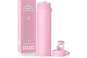 Fuel24 Duo - Stainless Steel Water Bottle 700ml or 1L - Vacuum Insulated Metal Flask with Straw (Dual use Lid) 1 Litre - for Sports, Gym, Work – Slim Design (Blush, 700 ml)