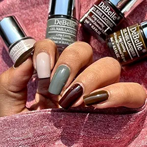 DeBelle Gel Nail Lacquers Combo set of 4 - Pina Colada Skittles (Porcelain Isabela, Slate Stone, Cocoa Harvest, Rusty Henna) Gift for girls