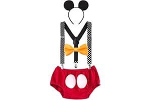 IBTOM CASTLE Cake Smash Costume de fête d'anniversaire pour bébé garçon 1er, 2e, 3e anniversaire, nouveau-né, tout-petit, short + bretelles réglables en Y dans le dos, nœud papillon + bandeau oreilles de souris