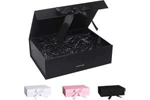 GRANTOP Pudełko prezentowe z kokardką, pokrywką, wstążką i rozdrobnionym papierem – magnetyczne pudełko na wesele, urodziny, Boże Narodzenie, jubileusz (czarne, 23 x 17 x 7 cm)