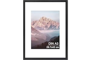 OMISHE Massivholz Bilderrahmen A3 29,7x42 cm, Schwarzer Bilderrahmen DIN A3 mit A4 Passepartout und Plastikhülle, Holz A3 Rahmen für Wand, Schwarz, 1 Pack