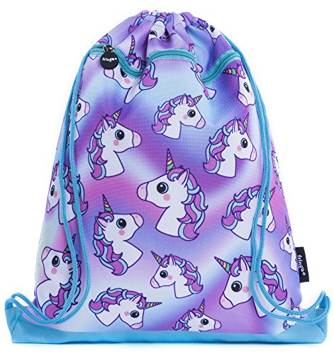 FRINGOO® Kids Drawstring Bag With Front Zipped Pocket PE Kit Bag School Backpack (L:34cm*H:42,5cm, Hologram Unicorns)