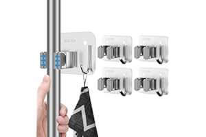 FYDESION Mop Broom Holder, 4 Pcs SUS304 Stainless Steel Mop Holder Broom Holder Wall Mounted Tool Rack for Bathroom Kitchen Office Closet Garden Garage, Self-Adhesive and Screw Installation Ways, Silver
