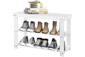 CROWNSHOP Shoe Bench Shoe Rack 3 Tier Shoe Storage Organiser Shelf Bamboo Stand Shoe Shelving Entryway strorage unit with Seat for Hall Bathroom Bedroom Living Room Hallway White