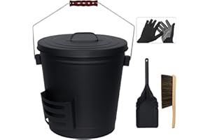 BRIAN & DANY Secchio per Cenere Camino con Coperchio, 20L Porta Pellet con Paletta e Scopino, Attrezzi per Caminetto per Caminetto, Braciere e Stufa a Legna