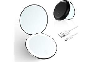 OGRMAR LED Light Travel Makeup Mirror, 1X/10X Magnified Dimmable Compact Mirror, USB Rechargeable Small Travel Mirror with 12 Led Light, Touch Screen Mini Folding Mirror, Black Portable Folding Makeup Mirror