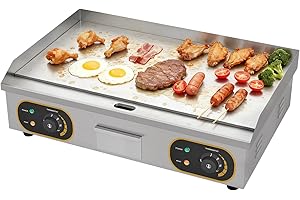 MOOTACO Plancha Électrique Professionnelle Inox 4400W De Gril En Le Fer 73 * 43cm, Thermostat 50 À 300°C, 2xThermostat, 2 Prises (Entièrement Lisse)