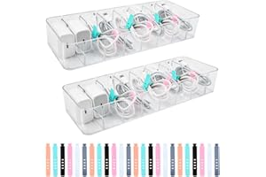 DODUOS 2 Pack Cable Management Box with Lid, Clear Cable Storage Box, 8 Compartments Data Cable Organiser with 24 Wire Ties for Electrical Cables Organizer in Home Office