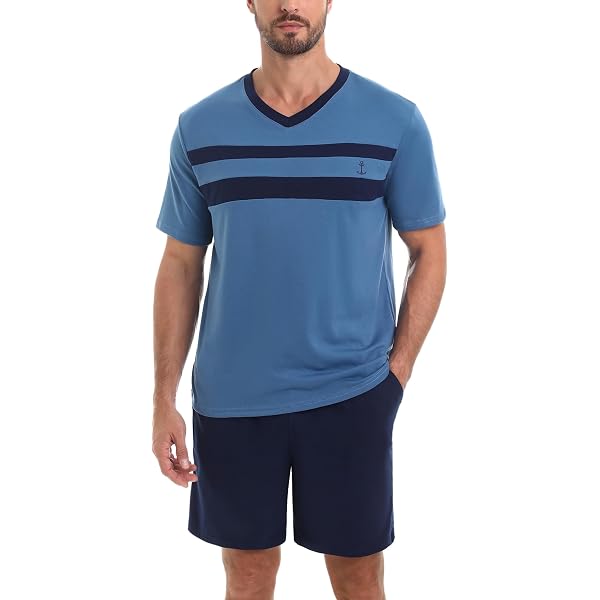 Pyjama Homme été 2 Pièces - Coton 95%, Short Et T-shirt Manches Courtes - Col V Décontracté - Bresdk