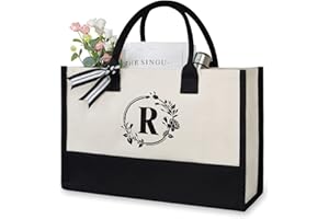 TOPDesign Initial Canvas Tote Bag, Personalized Present Bag, Suitable for Wedding, Birthday, Beach, Holiday, is a Great Gift for Women, Mom, Teachers, Friends, Bridesmaids (Letter R)