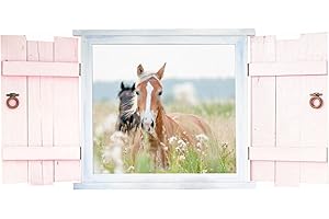 ‎NIKIMA SCHÖNES FÜR KINDER 023 Wandtattoo Pferde im Fenster mit Fensterläden - in 6 Größen - wunderschöne Kinderzimmer Sticker und Aufkleber süße Wanddeko Wandbild Junge Mädchen Größe 1250 x 622 mm