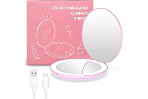 wobsion LED Specchio Compatto Ricaricabile Specchietto da Borsetta Specchio Viaggio Specchio Tascabile Specchio con ingrandimento 1X/10X Specchietto da Borsa con Luce Regolabile Specchio Regali(Rosa)