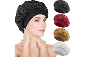 Gemtte 4 pcs Bonnet Satin Cheveux Nuit, Bonnet en Satin Femme Élastique Protection Cheveux, Bonnet Soie légère et Respirante, pour Cheveux Longs Cheveux Bouclés
