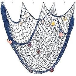 Chytaii Decorativa Red de Pesca Náutica Decorativa Adorno Colgante de Pared con Conchas Estilo Mediterráneo Pared de Fondo Cuerda de Cáñamo Azul 2x1,5m