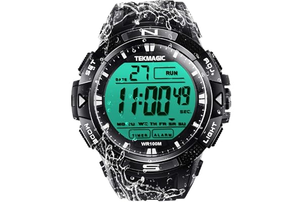 TEKMAGIC Hommes Garçons Montre Natation Plongée 10 ATM Etanche avec Fonctions de Chronomètre, Chronographe, Réveil et Affichage Double Fuseau Horaire, Format 12/24 Heures Sélectionnable