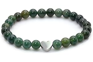 LAKADA Bracelet en agate mousse véritable pierre précieuse avec perles rondes de 6mm et cœur en acier inoxydable - différentes longueurs - bracelet en pierres précieuses porte-bonheur talisman cadeau